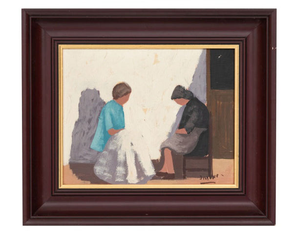Painting with Frame; Women Sewing in The Yard (couple) by J. Mena - (painting n. 2)