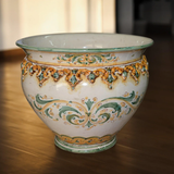 Cachepot in Ceramic, Green/Orange - Antiquated - Handmade