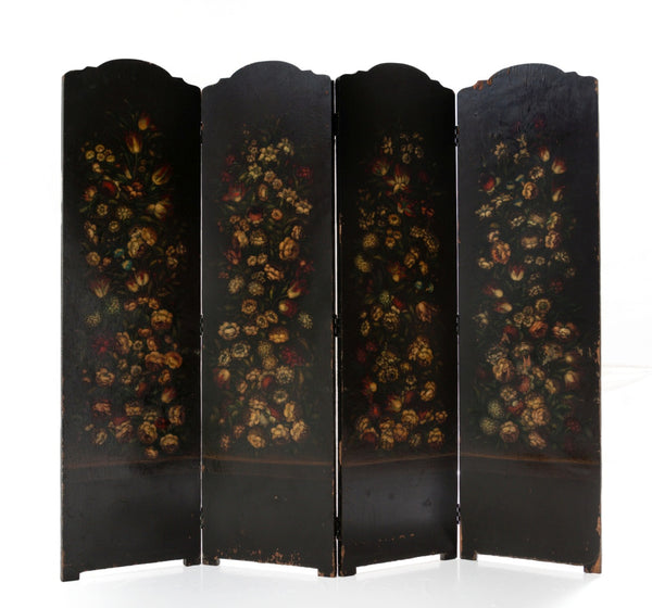 Vintage Collection; 4-leaf screen in black lacquered and painted wood with flower decoration