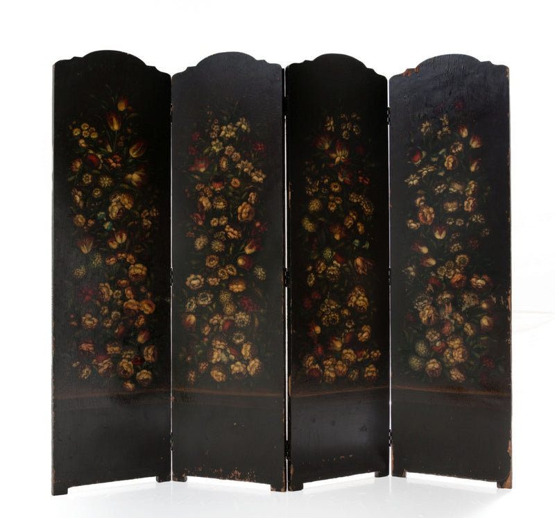 4-leaf screen in black lacquered and painted wood with flower decoration