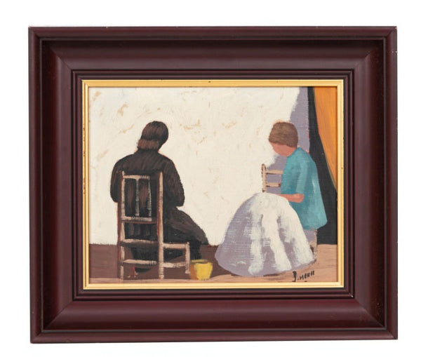 Painting with Frame; Women Sewing in the Yard (couple) by J. Mena - (painting n. 1)