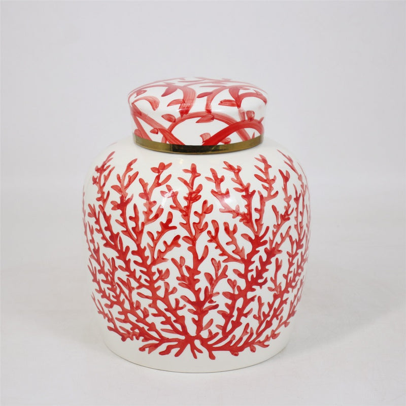 CANNISTER WITH LID 'CORAL' WHITE/ORANGE-RED CERAMIC