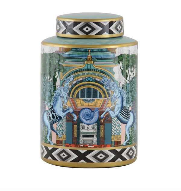 Canister with a theatrical design