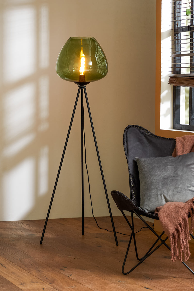 Floor lamp with glass shade and tripod legs
