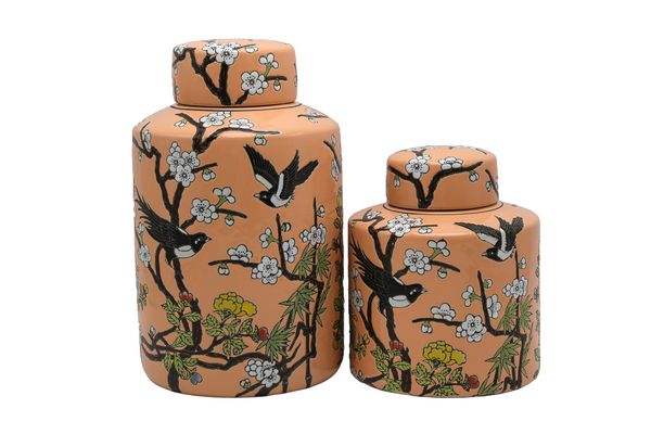 Ginger Jar - Peach colour with Vintage style bird decoration
