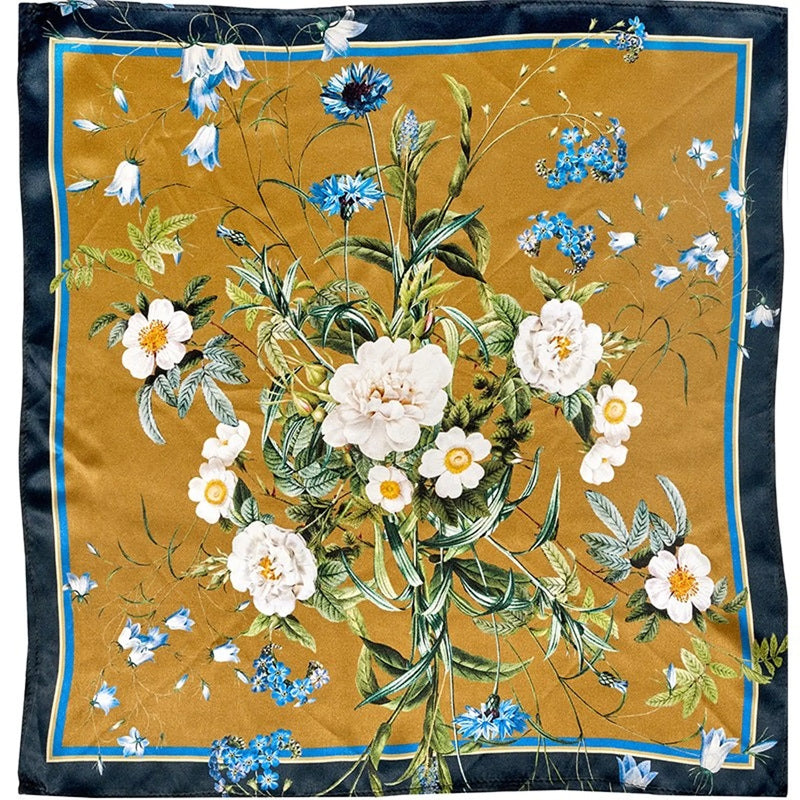 SILK SCARF - BLUE FLOWER GARDEN JL - GOLD 50 CM