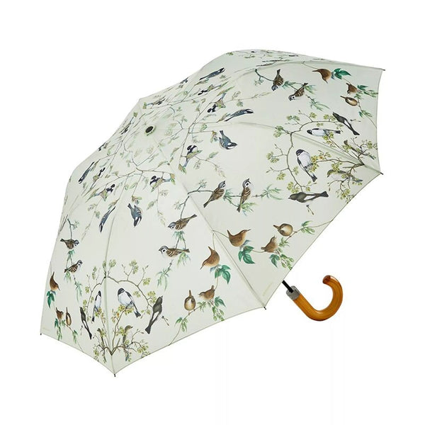 Umbrella with wooden handle - Garden birds in green