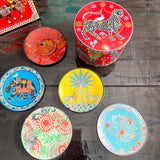 Decorative Tin with 5 Glass Plates Red