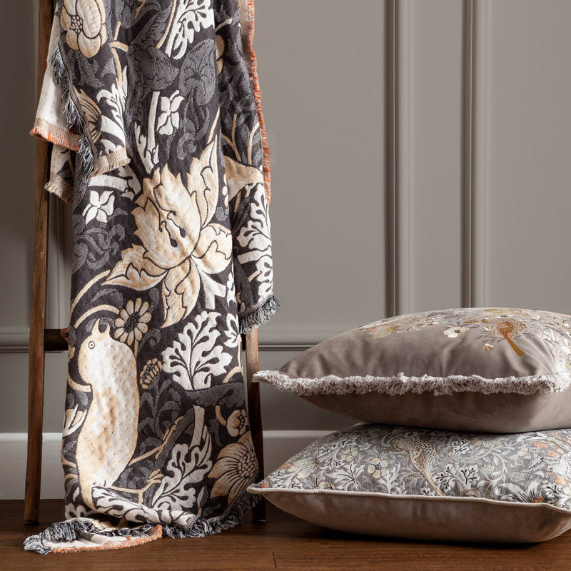 Throw - Strawberry Thief Jacquard Throw, Biscuit