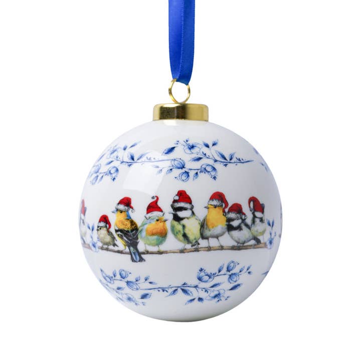 Christmas Bauble - Forest Birds wearing Christmas Hat