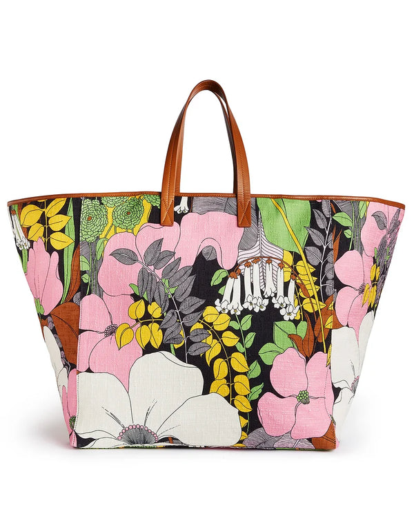 Tote bag; Big Mama Tote Bag Big Flower in Shot Cotton and Leather by La DOUBLEJ