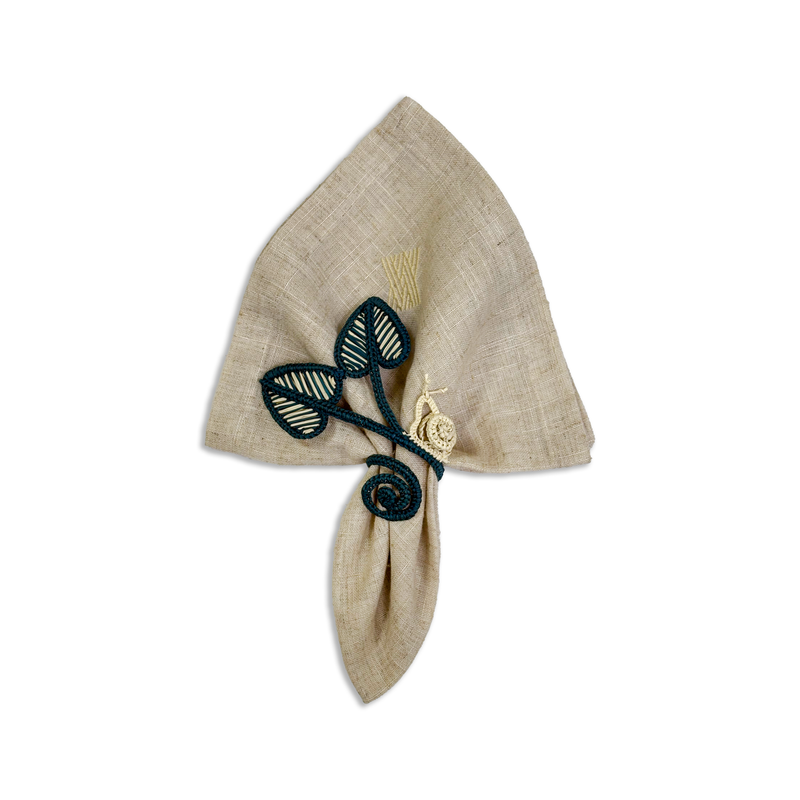 Napkin Ring - Handmade, Blue & Natural, Leaves, Set of 4