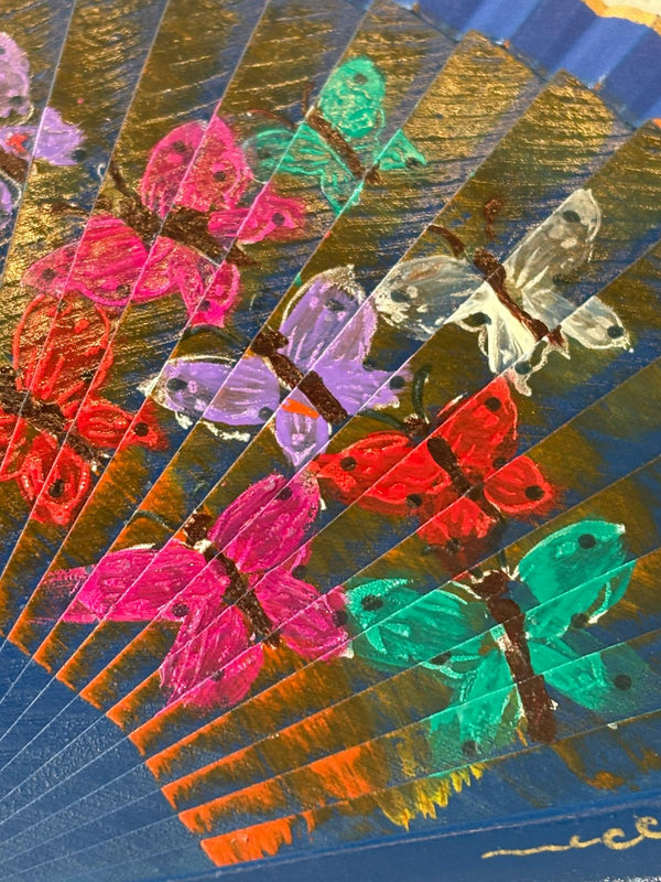 Fan - hand painted - Blue with butterfly