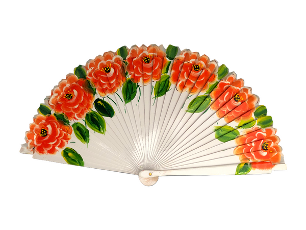 Fan - hand painted - White with orange flowers