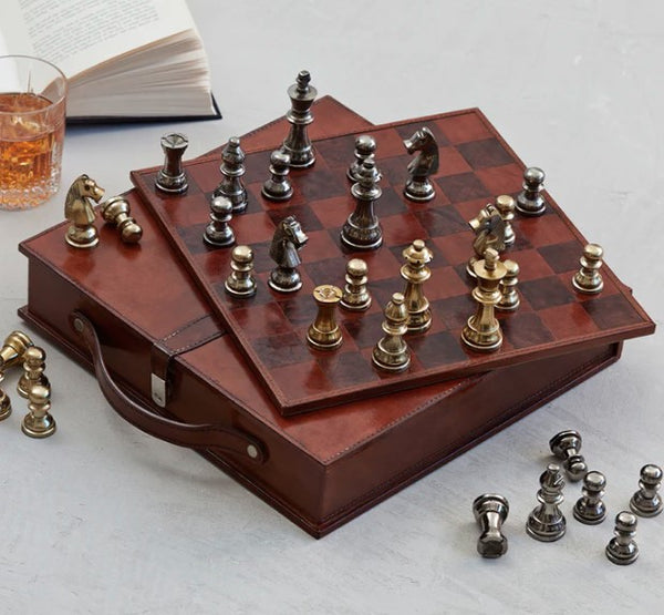 LEATHER HANDCRAFTED CHESS BOARD, CASE & PIECES