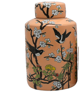 Ginger Jar - Peach tone with vintage style bird decor