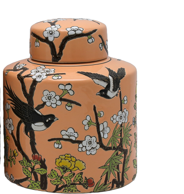 Ginger Jar - Peach colour with Vintage style bird decoration
