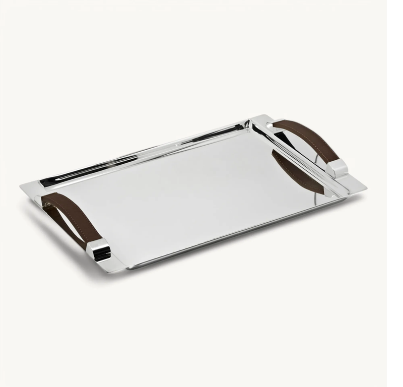 Tray - Silver Plated Stainless Steel with Faux Leather Handles
