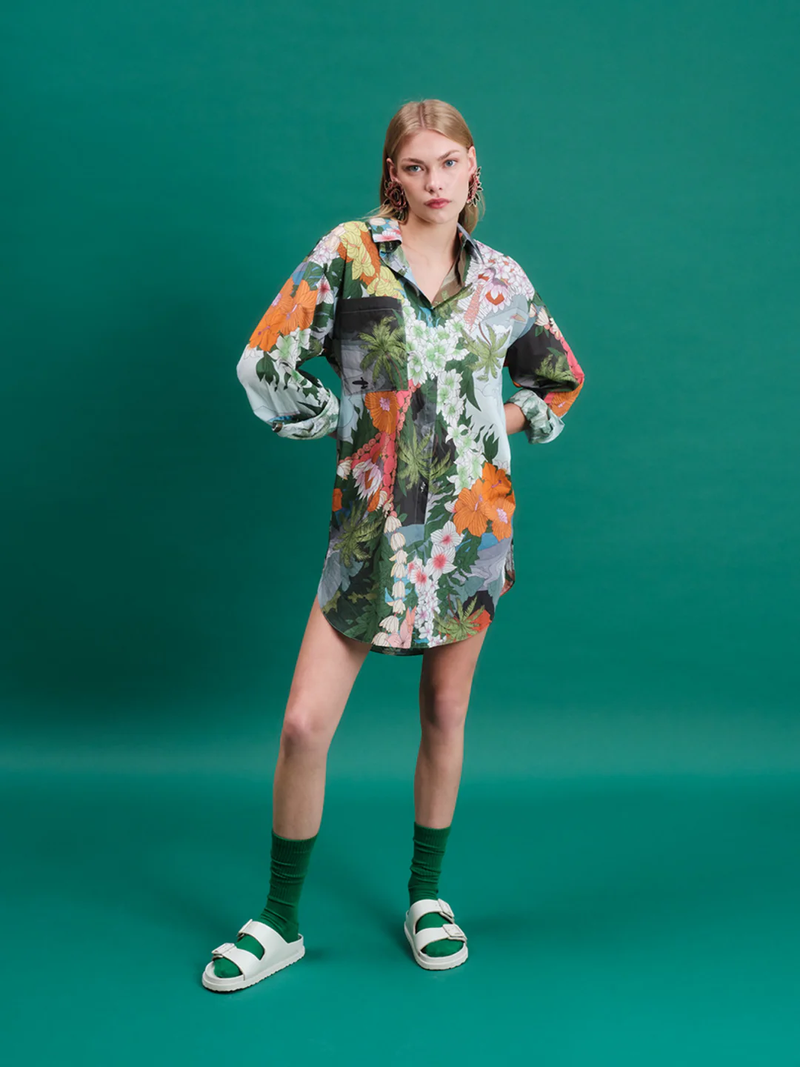 Beach Cover Up Shirtdress with Floral Motifs