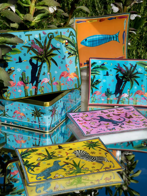 Decorative Tin with 4 Glass Plates - Jungle