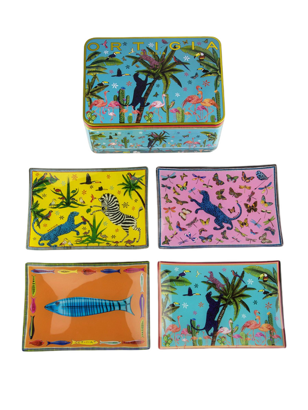 Decorative Tin with 4 Glass Plates - Jungle