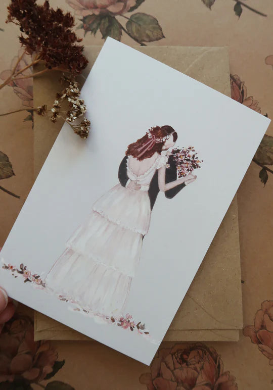 Wedding couple card, folded card with watercolor painting print.