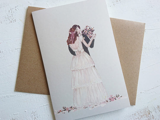 Wedding couple card, folded card with watercolor painting print.