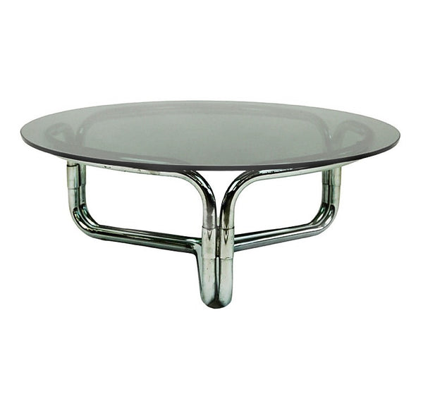 Vintage Collection; Circular Italian Space Age Chrome and Smoked Glass Coffee Table, style of Giotto Stoppino (1926-2011)