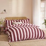 Duvet Cover and 2 Pillocases Set Burgundy/Blossom, Birdie Stripe Ruffle