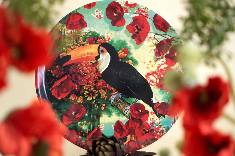 Round Birch Veneer Tray with a Toucan