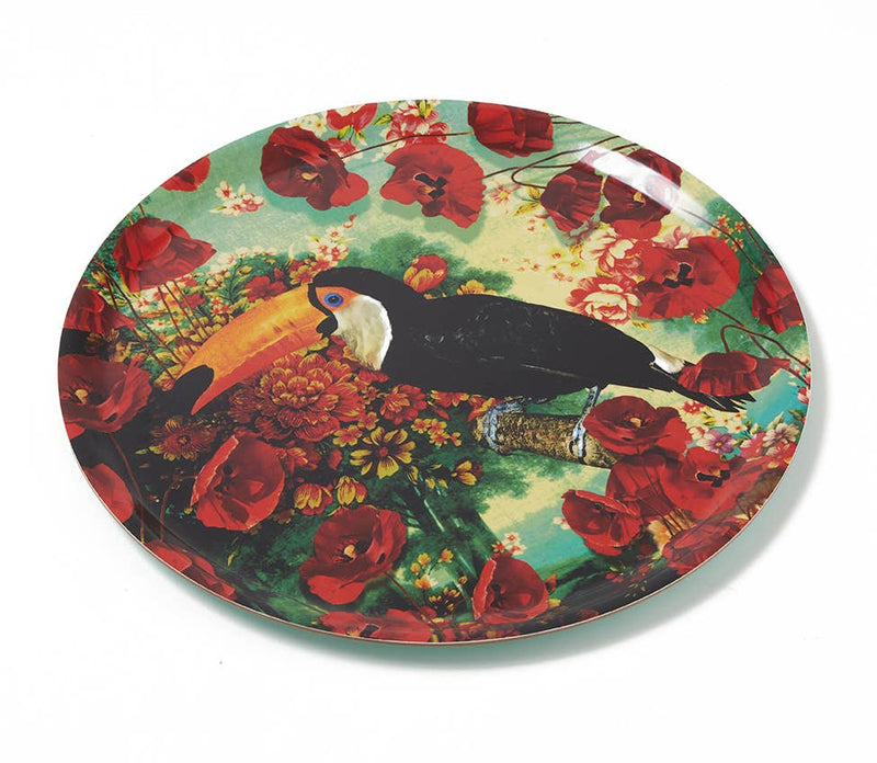 Round Birch Veneer Tray with a Toucan