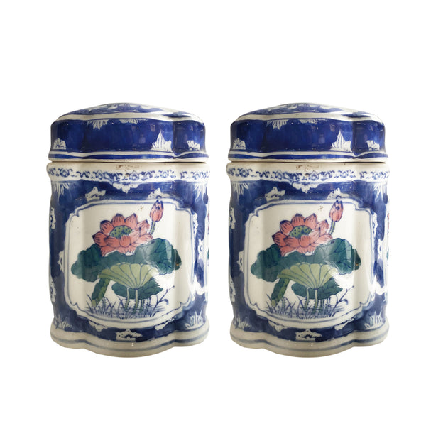 Pair of VINTAGE BLUE & WHITE CERAMIC Jar WITH LID