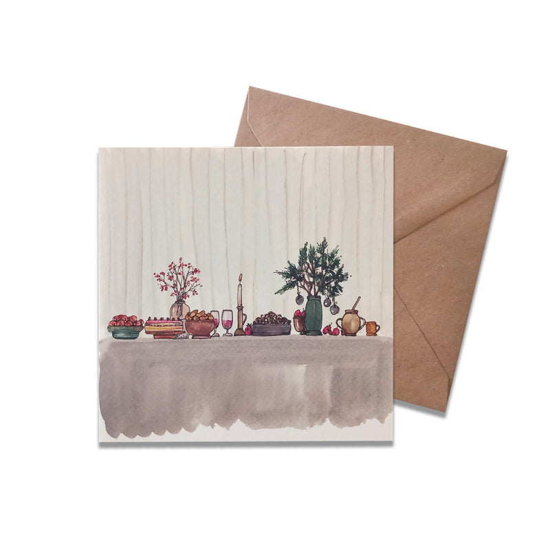Christmas table square folded card with watercolor painting print