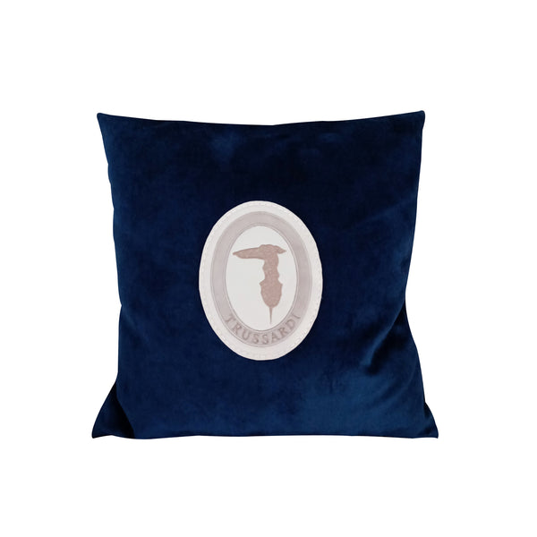 Trussardi Casa: Cushion in Medivaival Blue with Trussardi Leather Logo 40x40