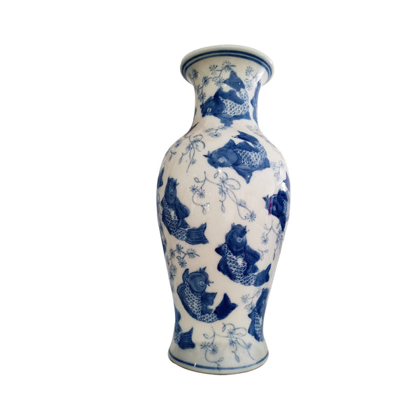 Vintage Collection; Chinoiserie; Oriental Blue & White Hand Painted Vase with Fish