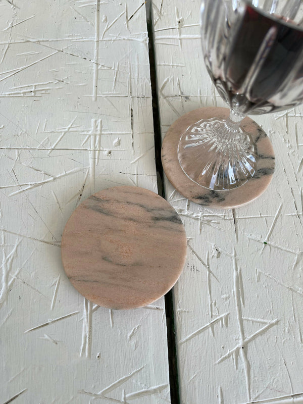 Coasters; Set of 2 Round Coasters in Pink Guatemala Marble with Cork