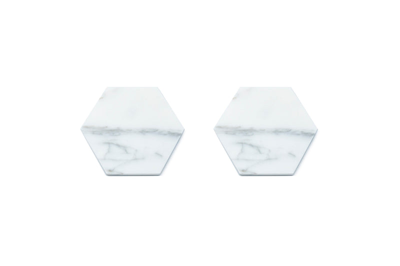 Coasters; Set of 2 Hexagonal Coasters in White Guatemala Marble with Cork