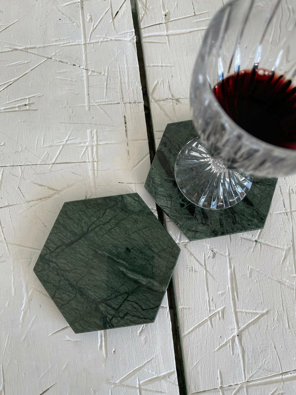 Coasters; Set of 2 Hexagonal Coasters in Green Guatemala Marble with Cork