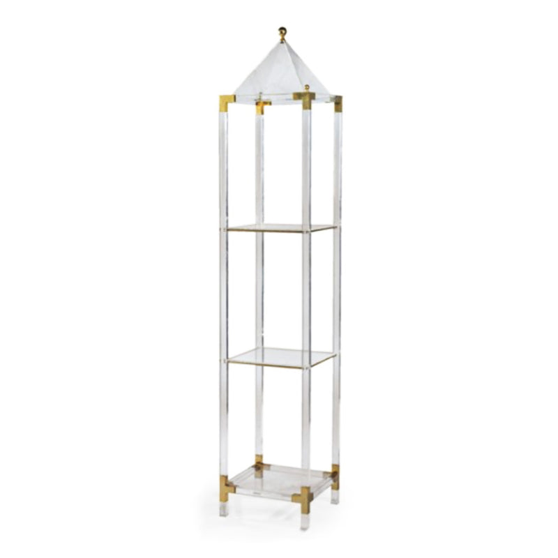 Vintage Collection; Mid Century Lucite Etagere With Brass Detailing And Pyramid Top