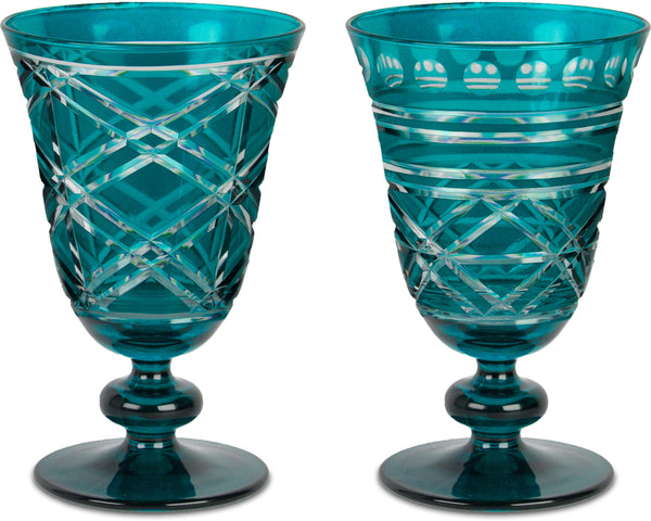 Optical Collection; Engraved Wine Glasses in Blue (set of 2)