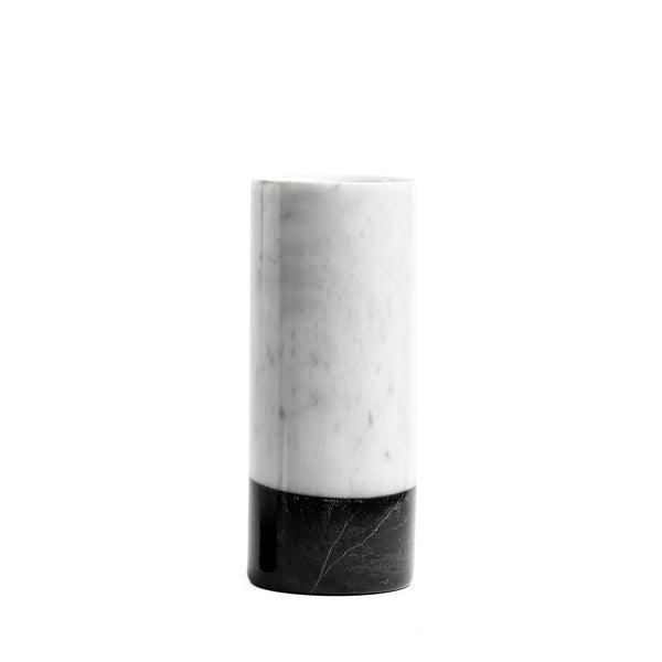 Vase; Cylindrical in Two Toned White & Black Carrara Marble 10x24(h)cm