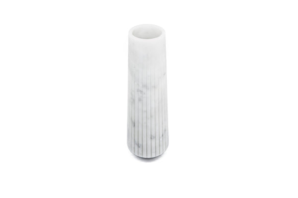 Vase; Striped High Vase in Satin White Carrara Marble