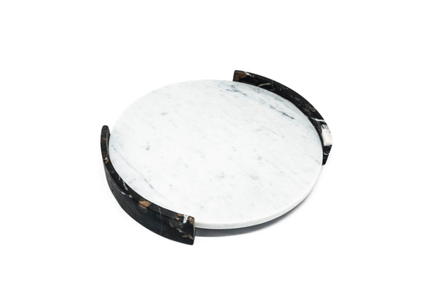 Platter; Large Circular Triptych Platter in Satin White Carrara and Black Marquina Marble