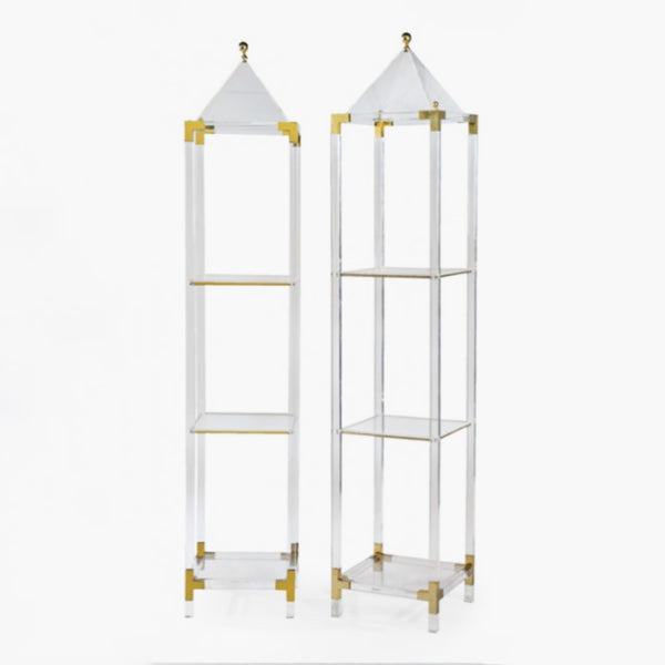 Mid Century Lucite Etagere With Brass Detailing And Pyramid Top