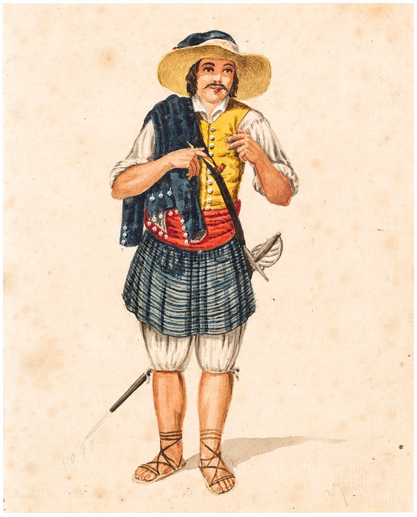 Watercolour painting depicting a man in his costume
